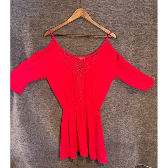 Miss Me Tops - Miss Me Fuchsia Beaded Top Cold Shoulder Crochet Lace Smocked Waist Pink Medium